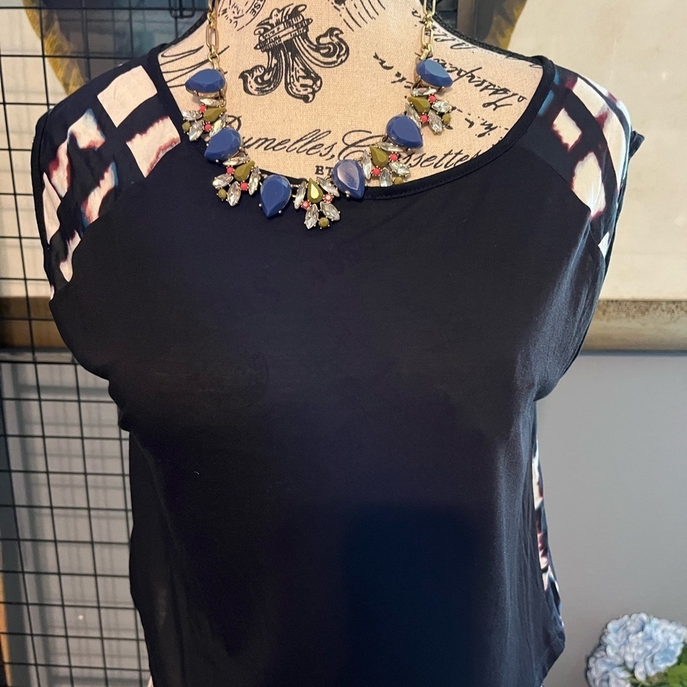 Chic Navy Women's Blouse with Patterned Sleeves
